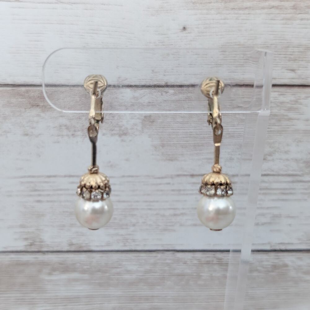 Vintage Clip On Earrings Faux Pearl on Post Dangle with Clear Gems